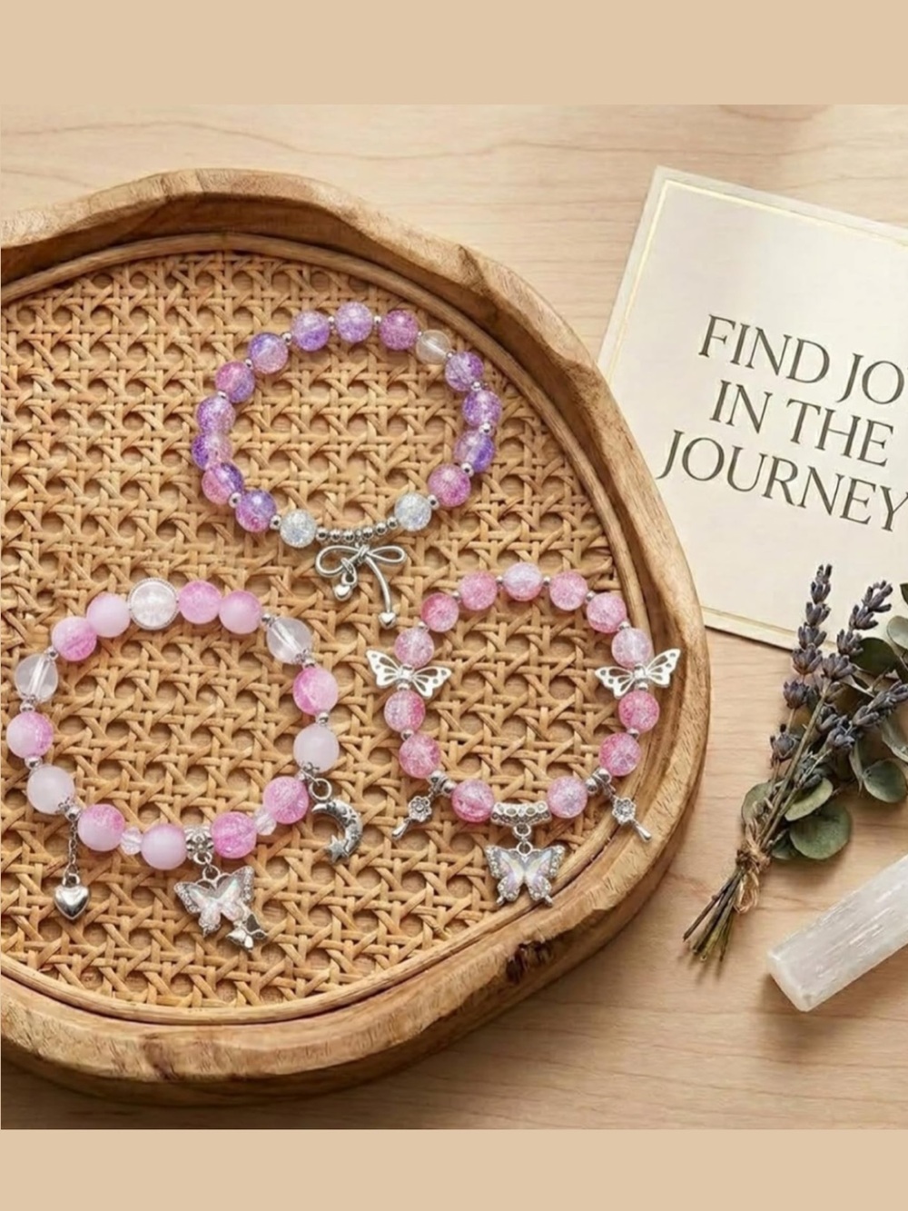 🆕New Pink Crackle Glass Beaded Bracelet 3 Piece Set w/Charms